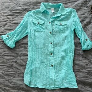 Dotti Turquoise Button-Down Sheer Shirt Long Tunic Coverup Beach Pool Large